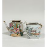 A Chinese famille rose teapot, the ribbed ovoid body painted with figures in pavilions and boats,