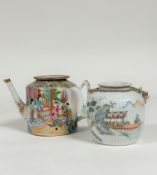 A Chinese famille rose teapot, the ribbed ovoid body painted with figures in pavilions and boats,