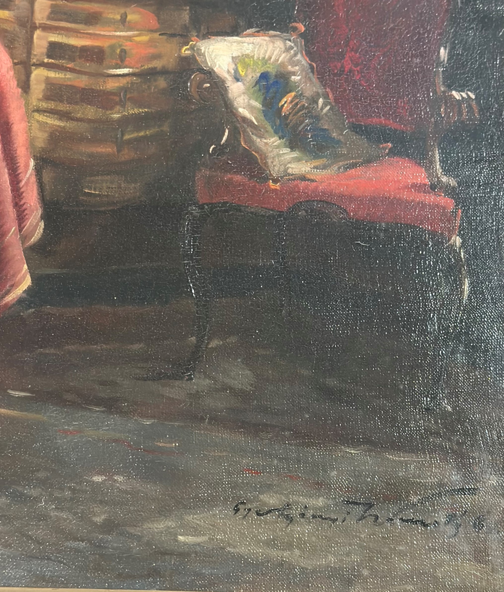 Continental School, c. 1900, The Red Chairs, signed lower right, oil on canvas, framed. 38.5cm by - Image 3 of 3