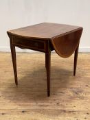 A George III Sheraton style mahogany Pembroke table, the oval satinwood cross banded top with