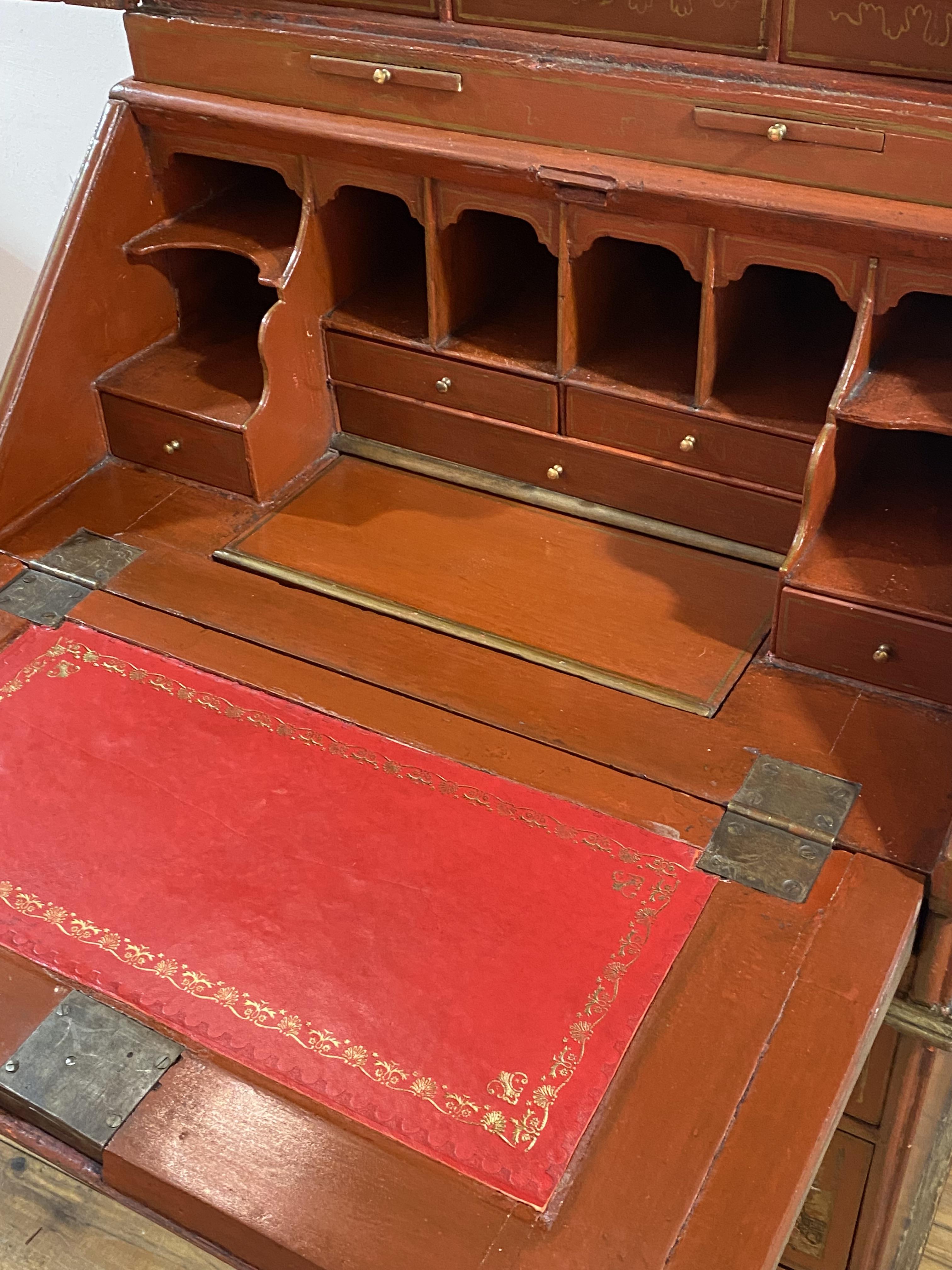A George II style red lacquer and gilt Chinoiserie bureau bookcase, circa 1920-30, the broken arch - Image 4 of 7