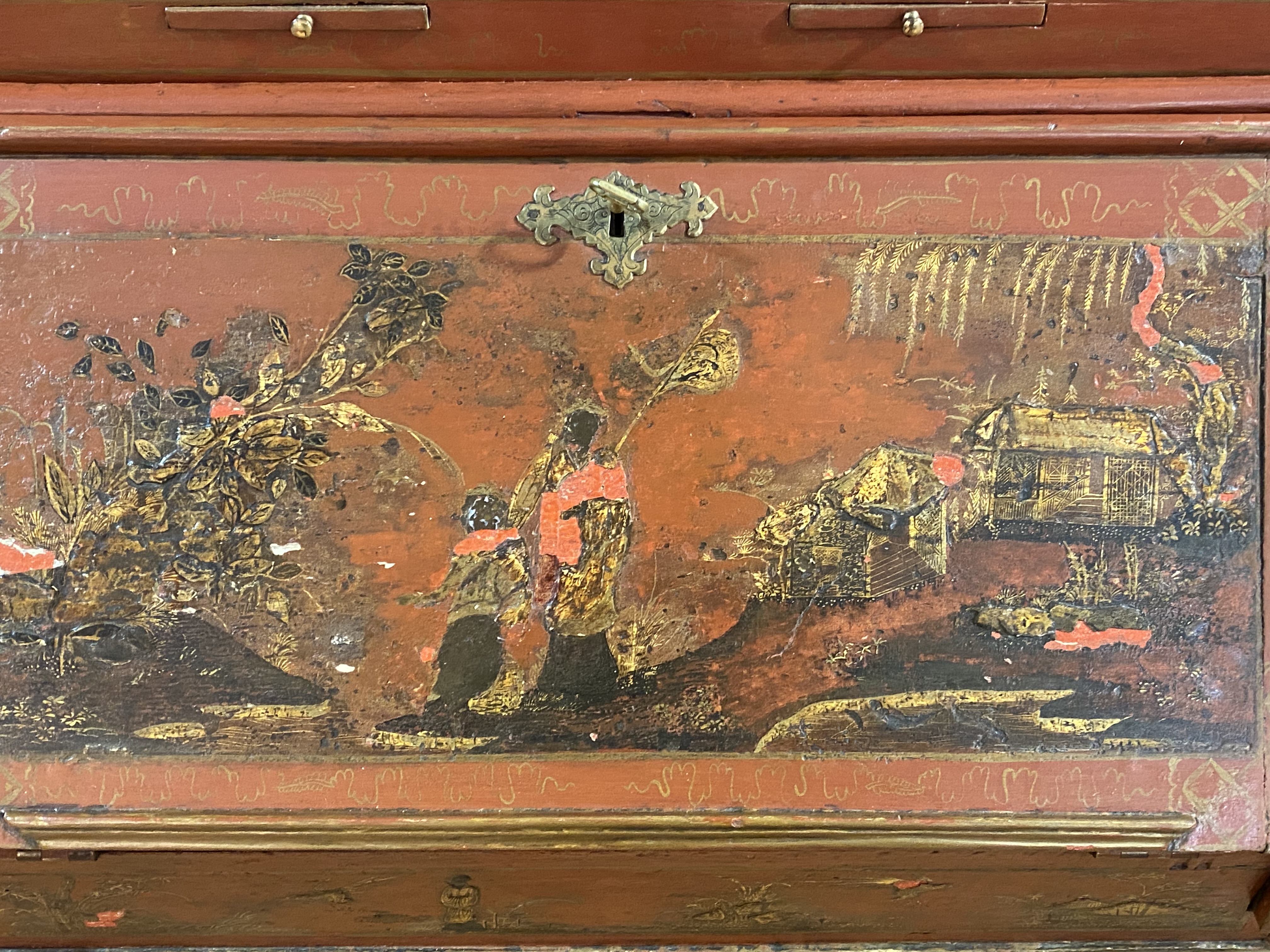 A George II style red lacquer and gilt Chinoiserie bureau bookcase, circa 1920-30, the broken arch - Image 5 of 7