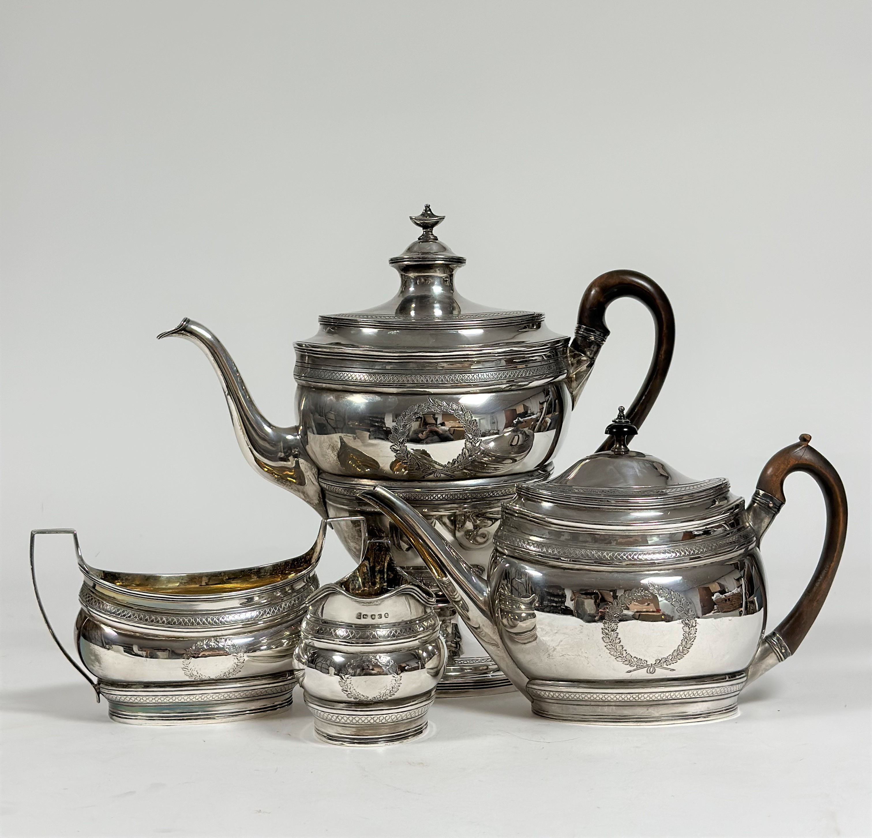 A handsome George III silver four piece tea and coffee service, Robert and David Hennell, London