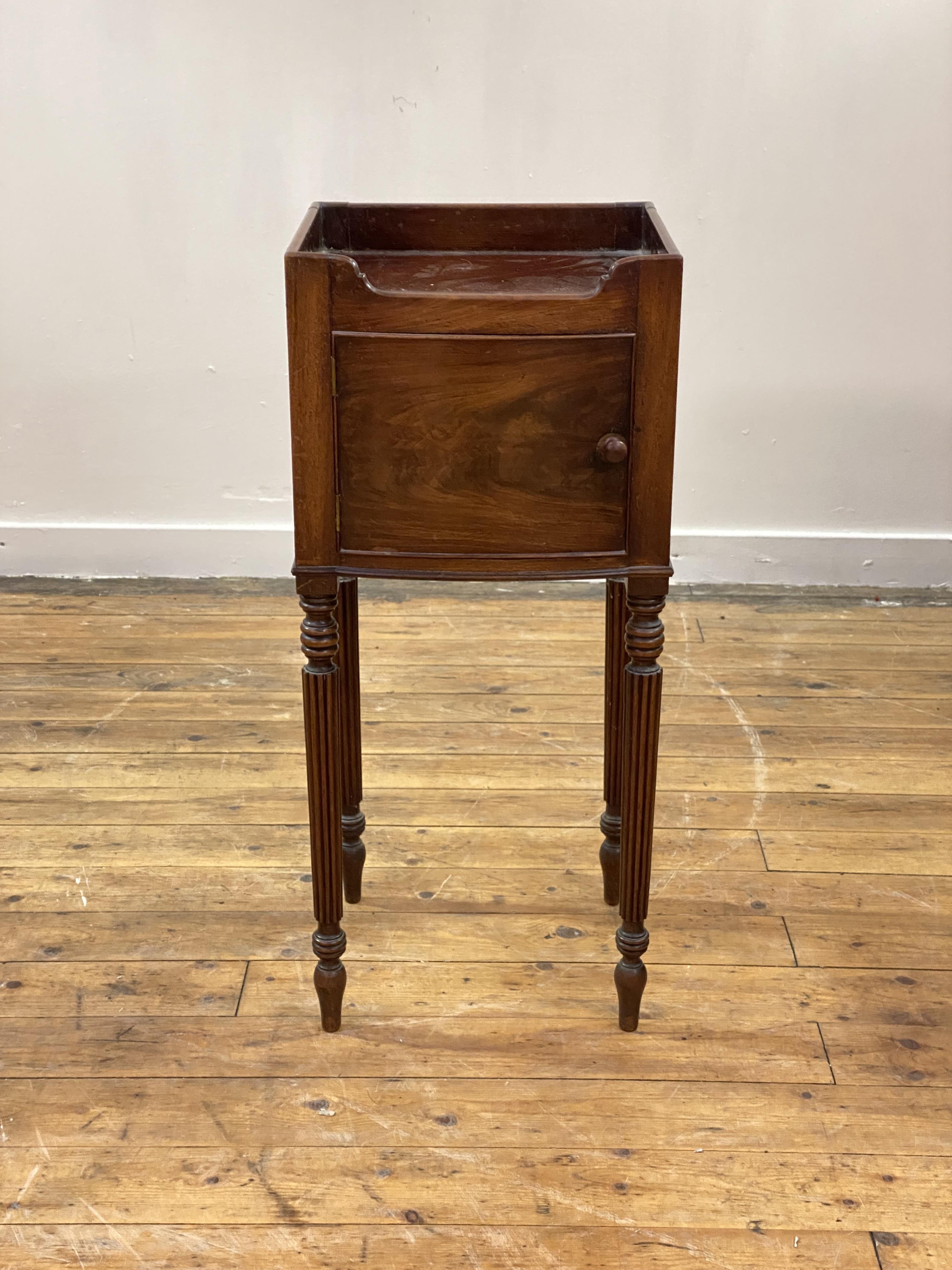 A late George III mahogany bow front night commode or bedside table, the tray top with pierced - Image 3 of 5