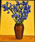 •Graham McKean (Scottish, b. 1962), "Vase with Irises", signed lower right, oil on canvas, framed.