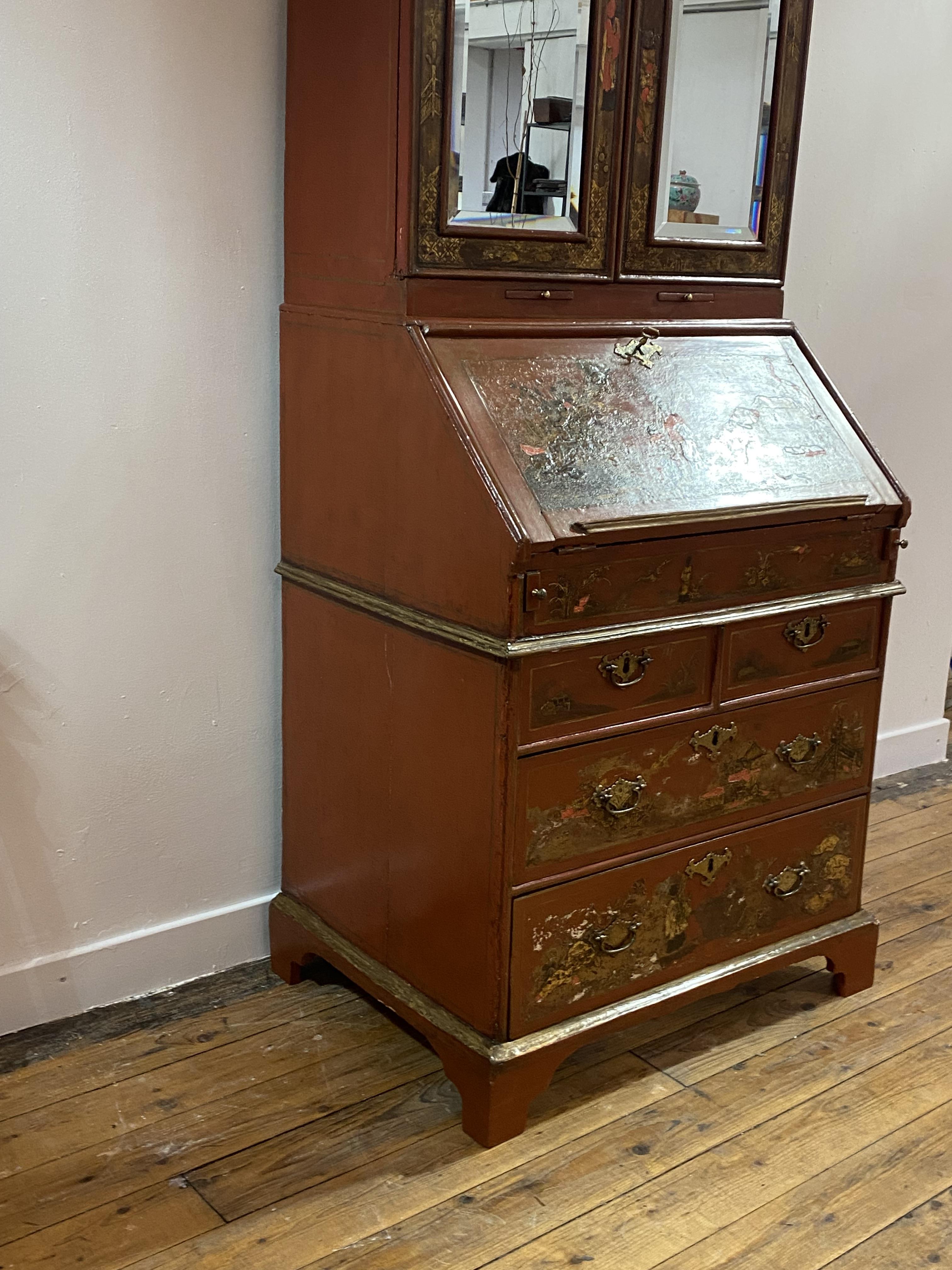 A George II style red lacquer and gilt Chinoiserie bureau bookcase, circa 1920-30, the broken arch - Image 7 of 7