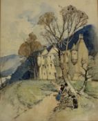 Tom Scott R.S.A., R.S.W., A.R.S.A. (Scottish, 1854-1927), Ramblers and their Dog by a Ruined Castle,