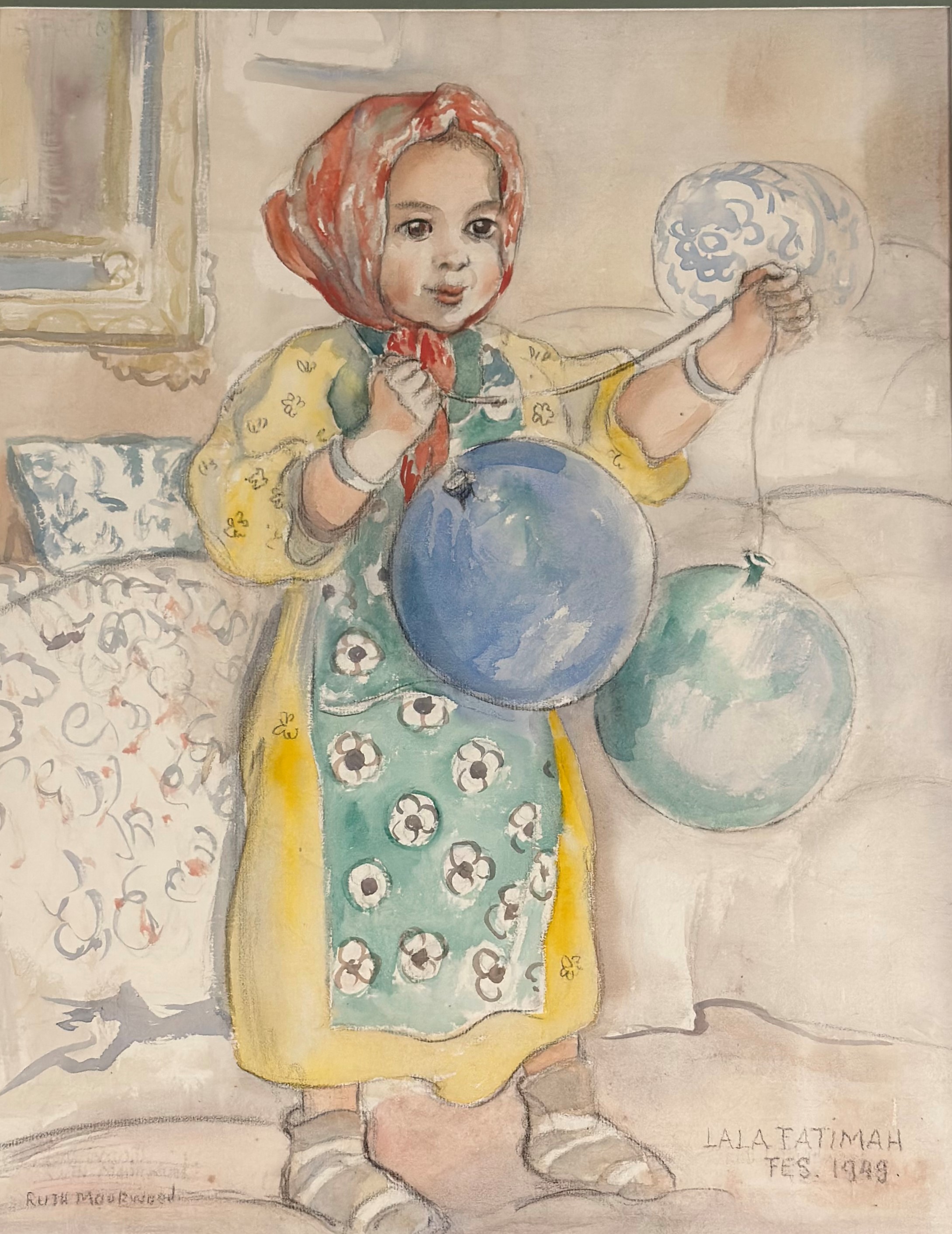 Ruth Moorwood (Scottish, exh. 1927-37), "Lala Fatimah", portrait of a young girl with balloons,