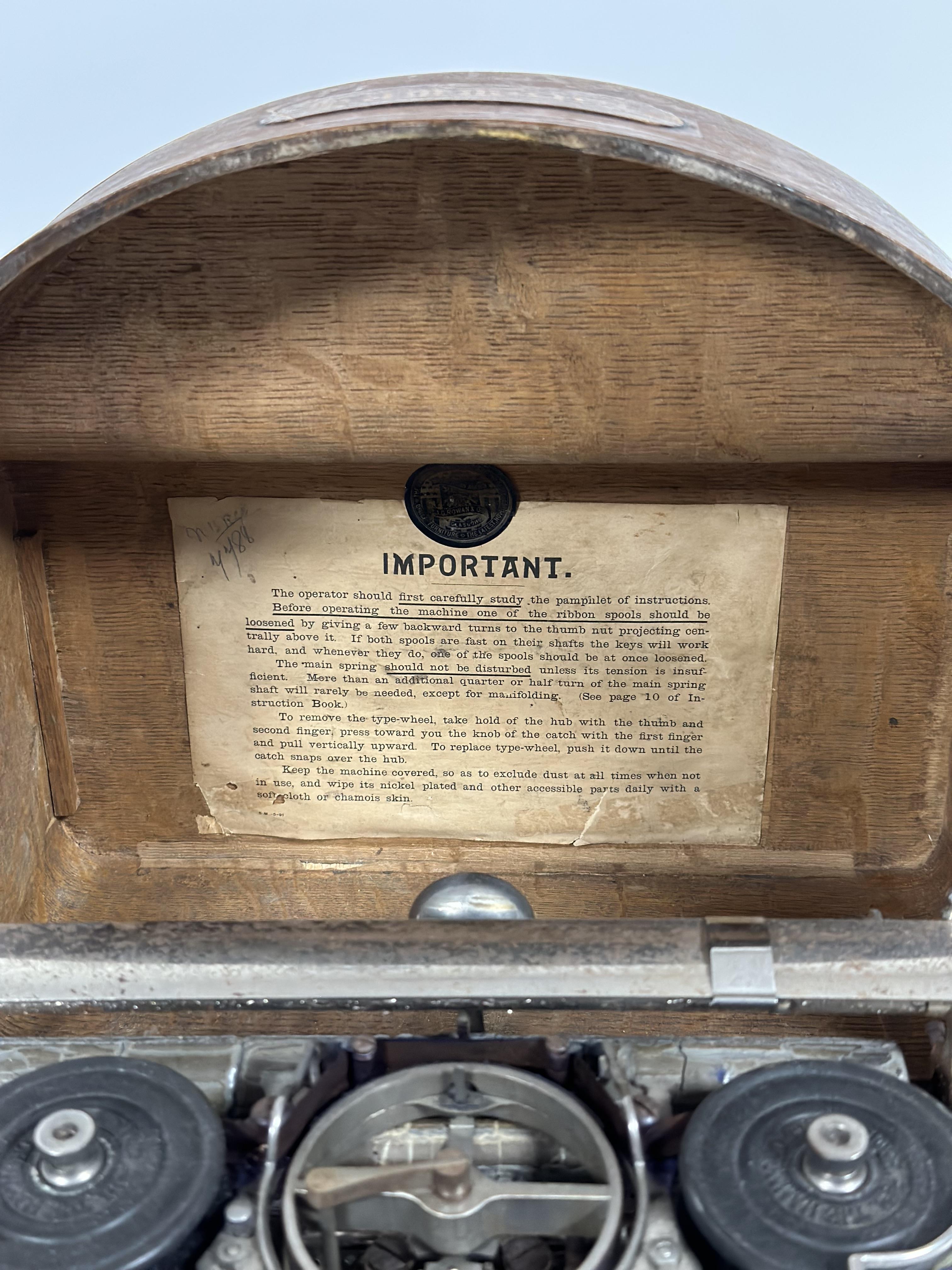 A Hammond No. 2 curved keyboard type-shuttle typewriter, c. 1890-1900, with celluloid label and in - Image 2 of 3