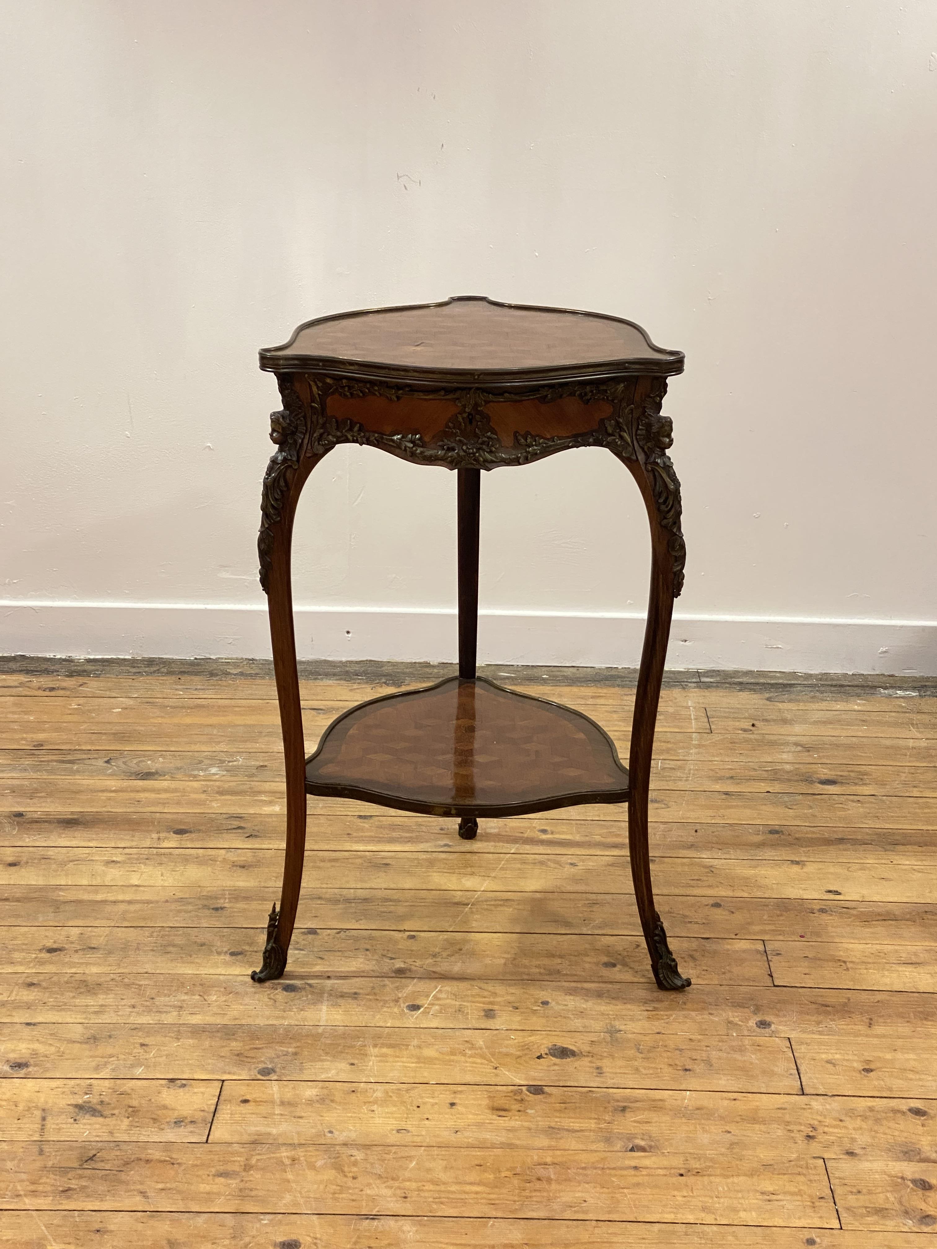 A kingwood and rosewood triform side table in the Louis XV taste, late 19th century, the cross - Image 4 of 4