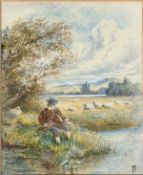 Myles Birket Foster, (1825-1899), Fisherman by a River Bank, monogrammed lower right, watercolour,