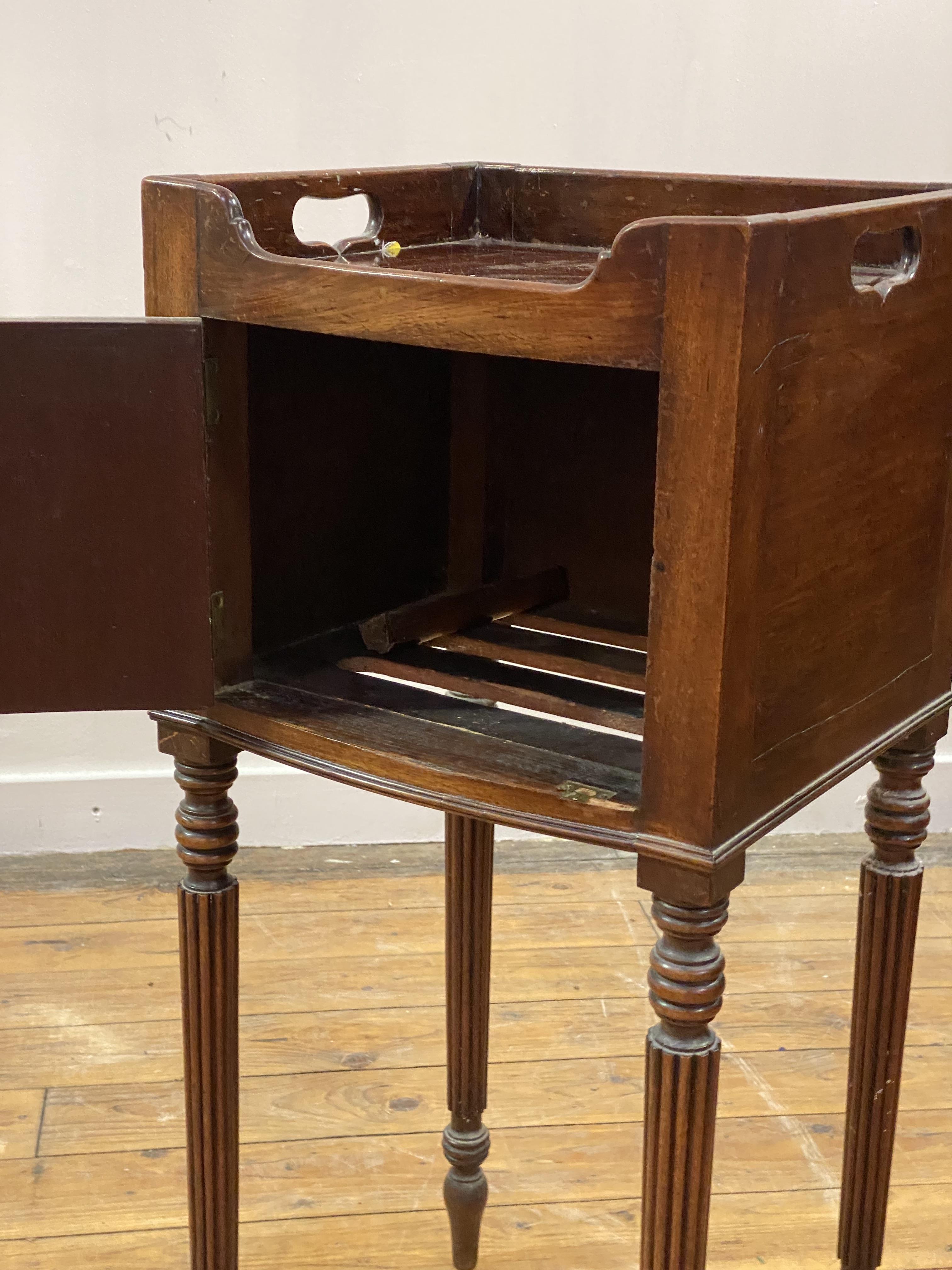 A late George III mahogany bow front night commode or bedside table, the tray top with pierced - Image 5 of 5
