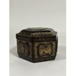 A Chinese Export black and gilt lacquer tea caddy, 19th century, of hexagonal form, the hinged cover