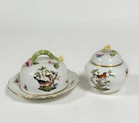 A Herend porcelain butter dish in the Rothschild Bird pattern, the domed cover with floral-encrusted