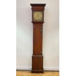 An oak longcase clock, 18th century and later, the hood with dentil cornice over an inlaid frieze,