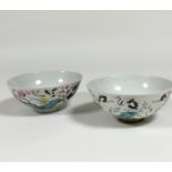 A pair of Chinese famille rose porcelain bowls, each bearing an iron red mark of Shen De Tang Zhi