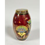 A rare Carlton Ware ruby lustre vase in the Egyptian Fan pattern, c. 1930, painted, printed and