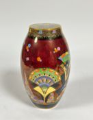 A rare Carlton Ware ruby lustre vase in the Egyptian Fan pattern, c. 1930, painted, printed and