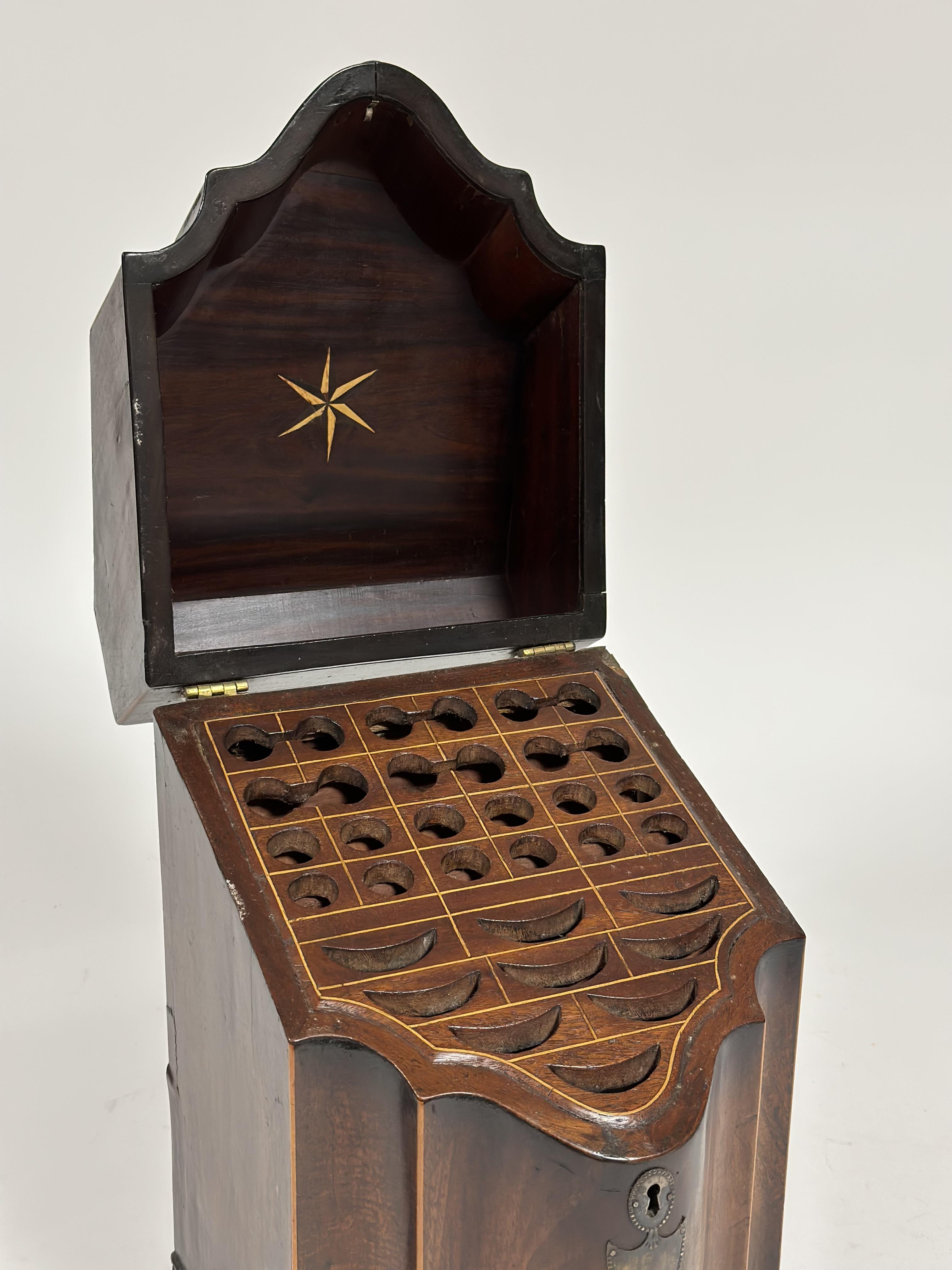 A George III inlaid mahogany knife box, of serpentine form, the hinged cover with (faded) conch - Image 2 of 2