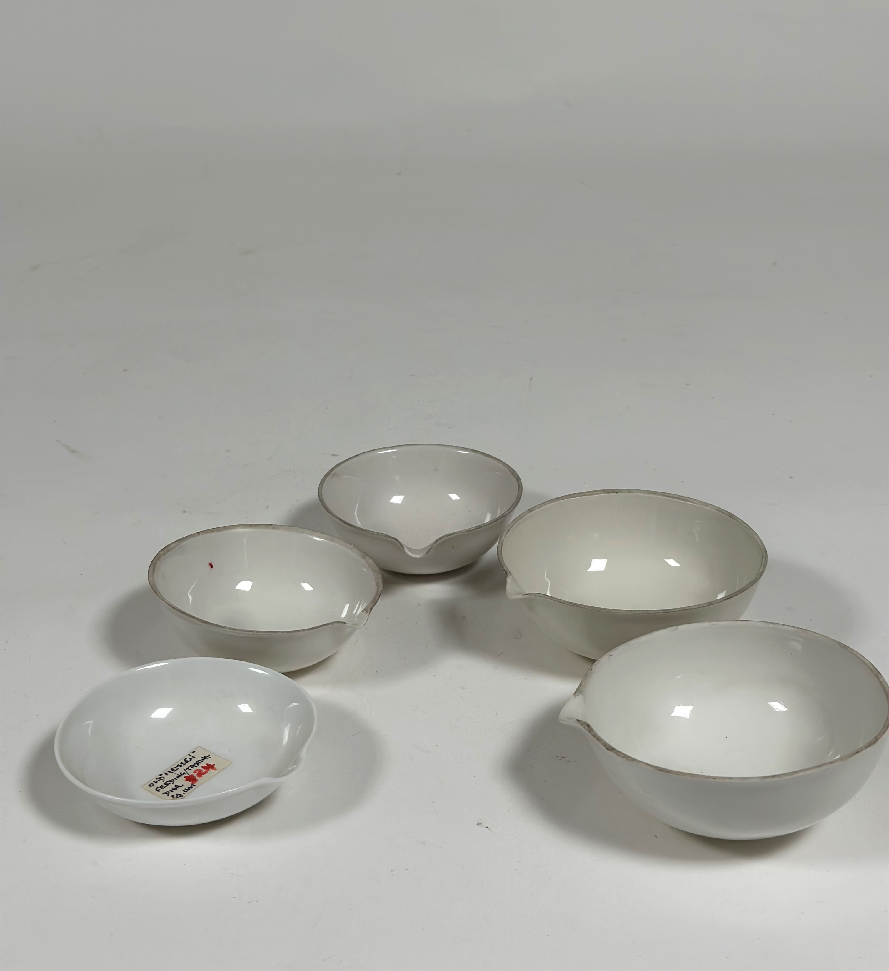 A group of 19th century and later small porcelain apothecary or feeding dishes, each shallow
