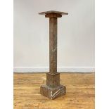 A variegated grey, red and white marble pedestal of stepped square form. H100cm, 25cm x 25cm