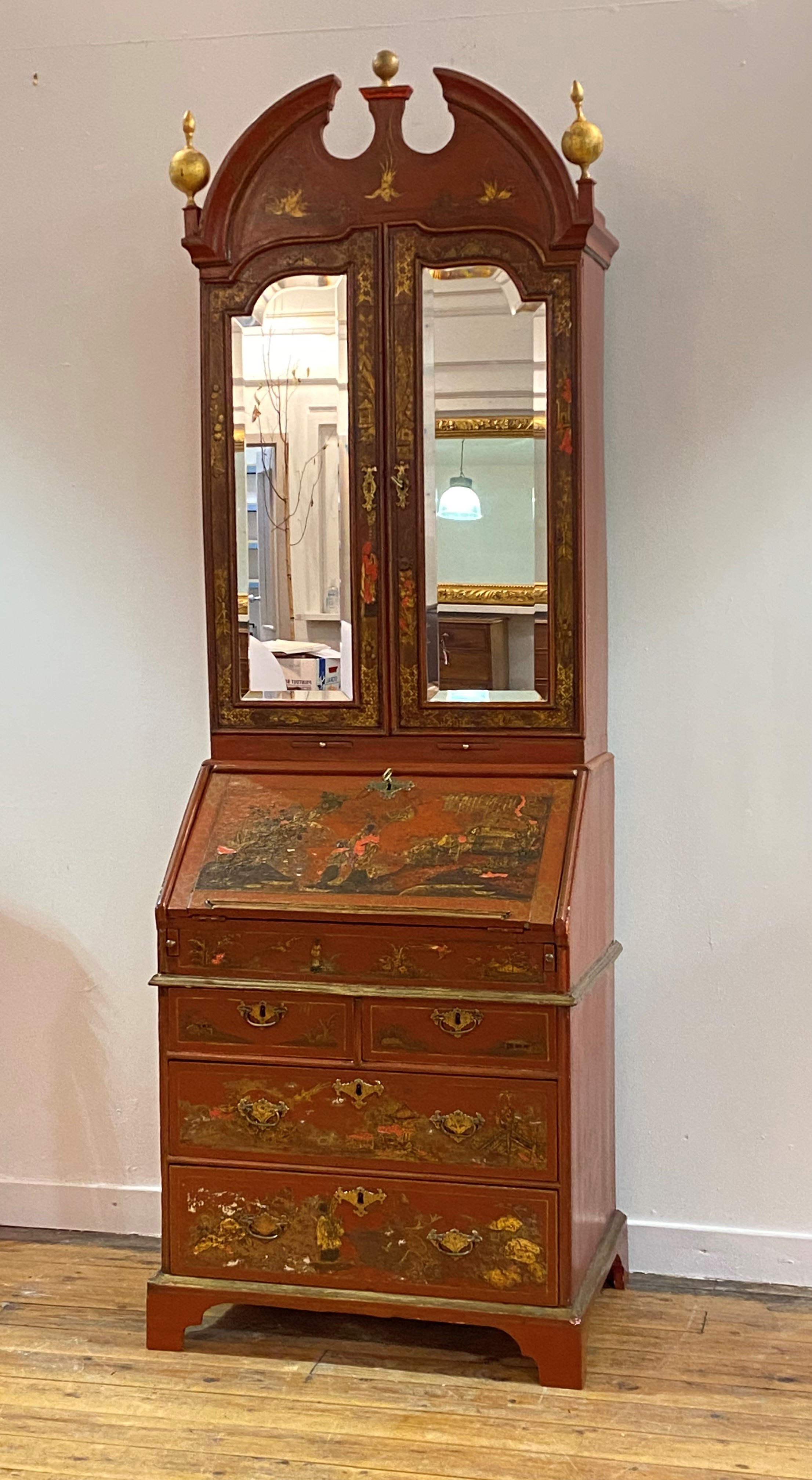 A George II style red lacquer and gilt Chinoiserie bureau bookcase, circa 1920-30, the broken arch - Image 2 of 7