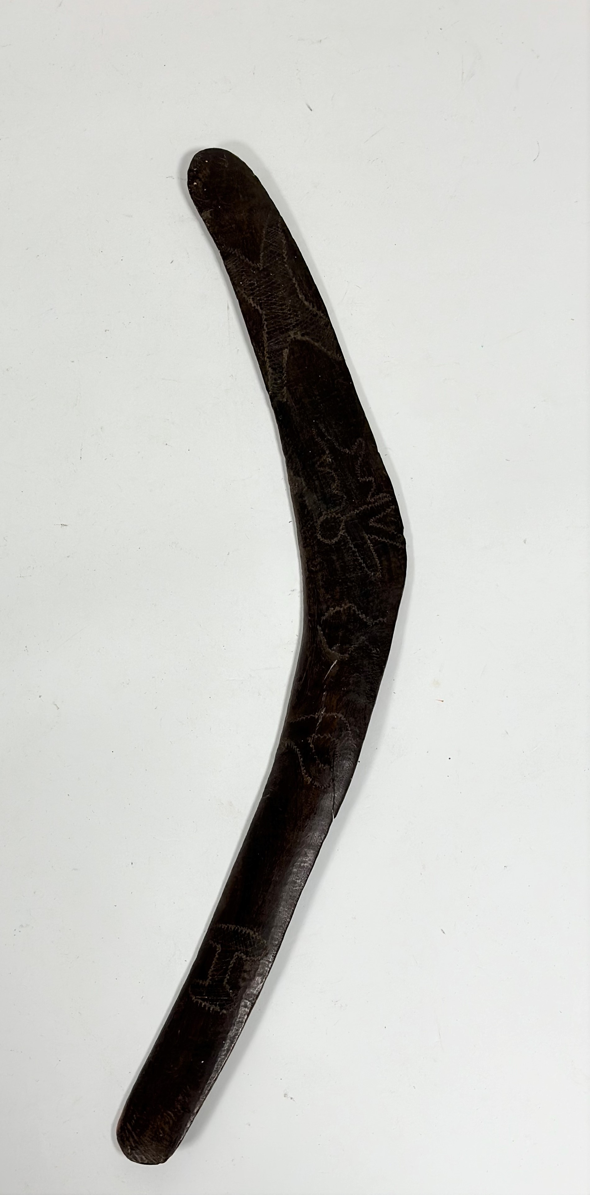 An Aboriginal boomerang, decorated with zoomorphic and other designs to one side, the reverse with