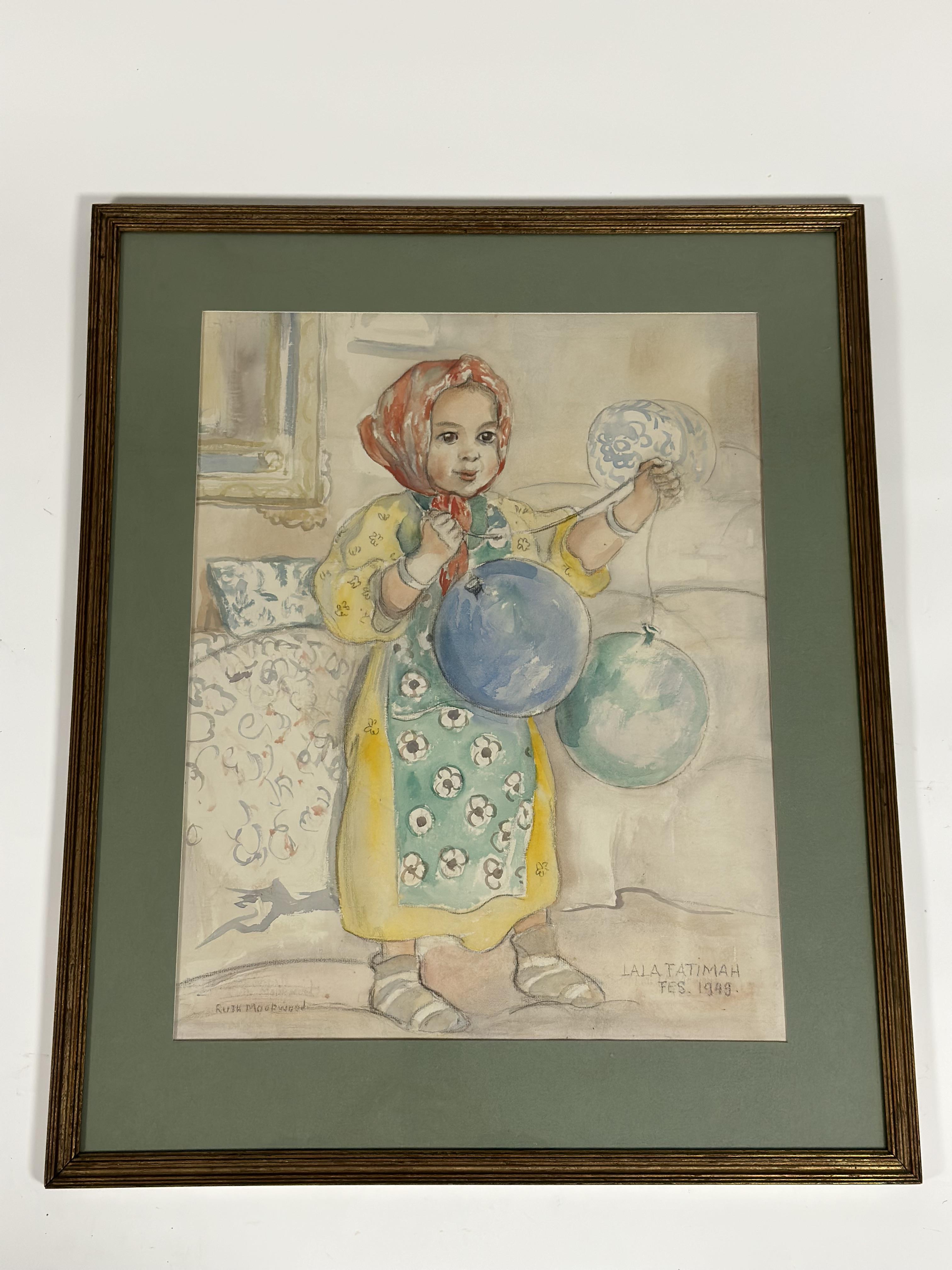 Ruth Moorwood (Scottish, exh. 1927-37), "Lala Fatimah", portrait of a young girl with balloons, - Image 2 of 3