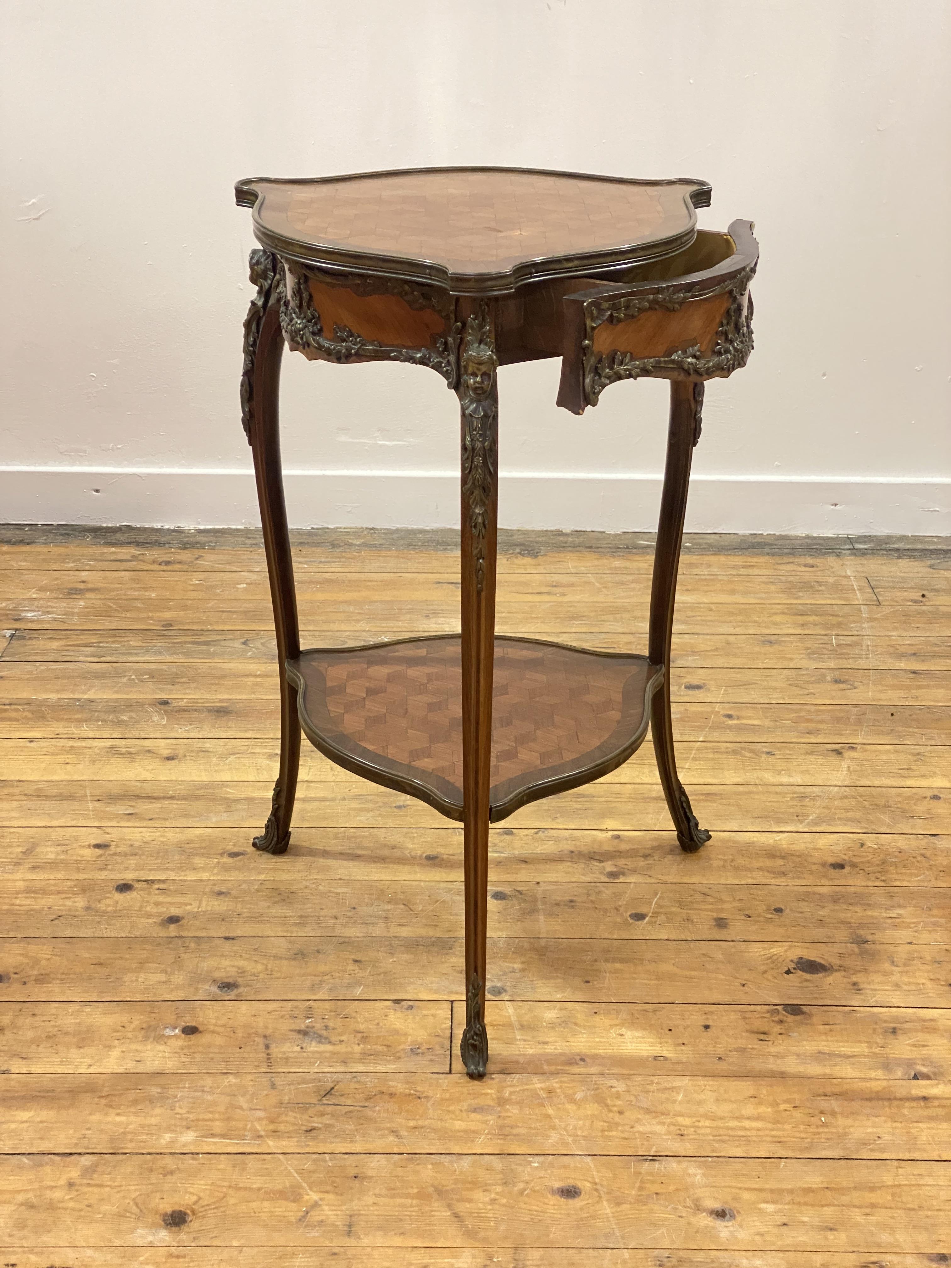 A kingwood and rosewood triform side table in the Louis XV taste, late 19th century, the cross - Image 2 of 4