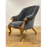 A Victorian walnut framed (bleached) drawing room chair, circa 1860-70, having a swept crest rail,