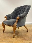 A Victorian walnut framed (bleached) drawing room chair, circa 1860-70, having a swept crest rail,