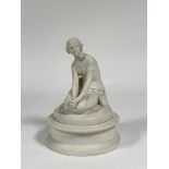 A Swedish Parian figure of the Maid of Orleans, Gustafsberg, c. 1900-25, on a separate circular