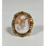 A 19th century shell cameo brooch, oval, carved as a woman in a landscape by a well, within a gilt-