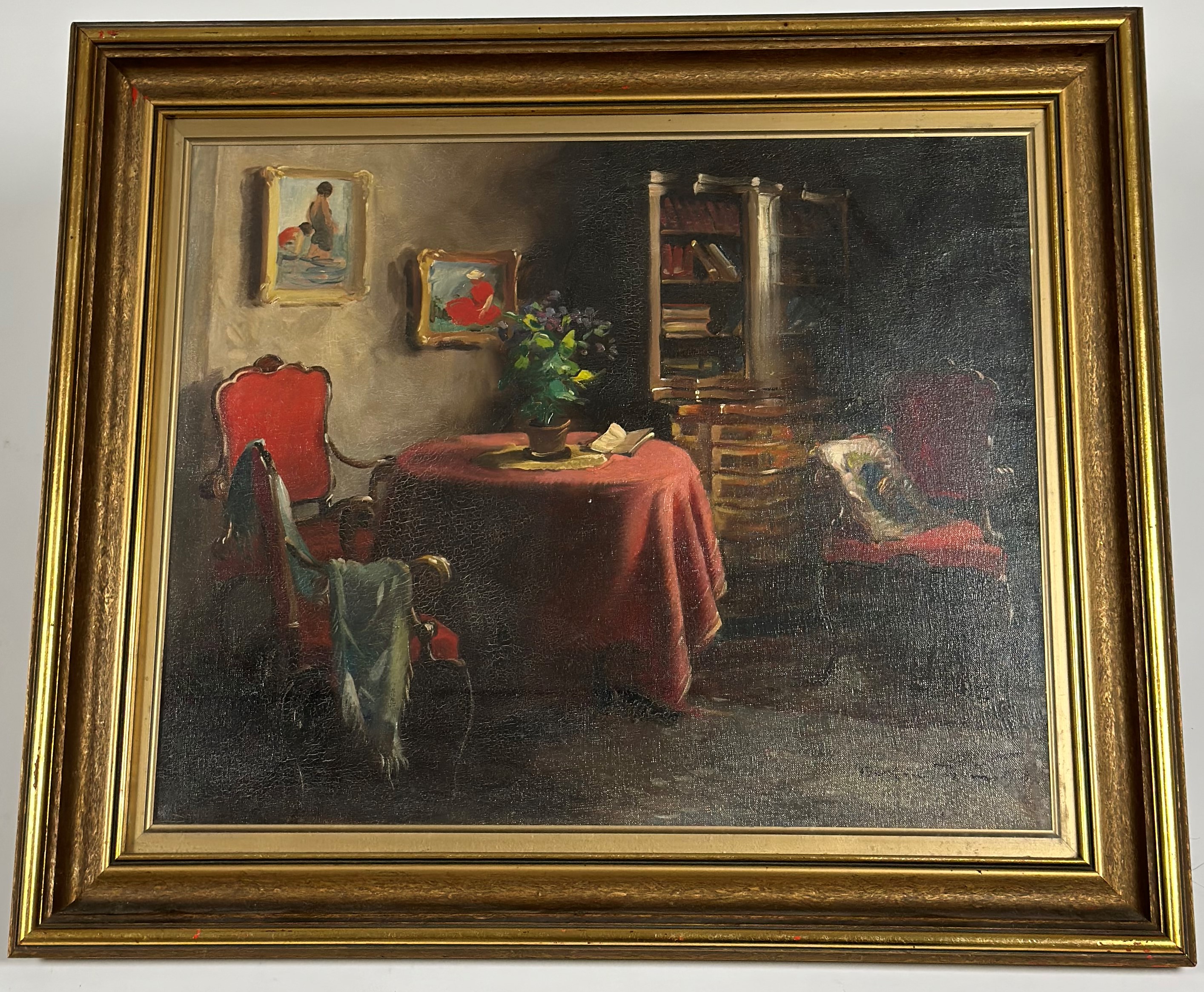 Continental School, c. 1900, The Red Chairs, signed lower right, oil on canvas, framed. 38.5cm by - Image 2 of 3