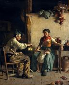 Italian School, late 19th century, A Family in a Rustic Interior, indistinctly signed upper left,