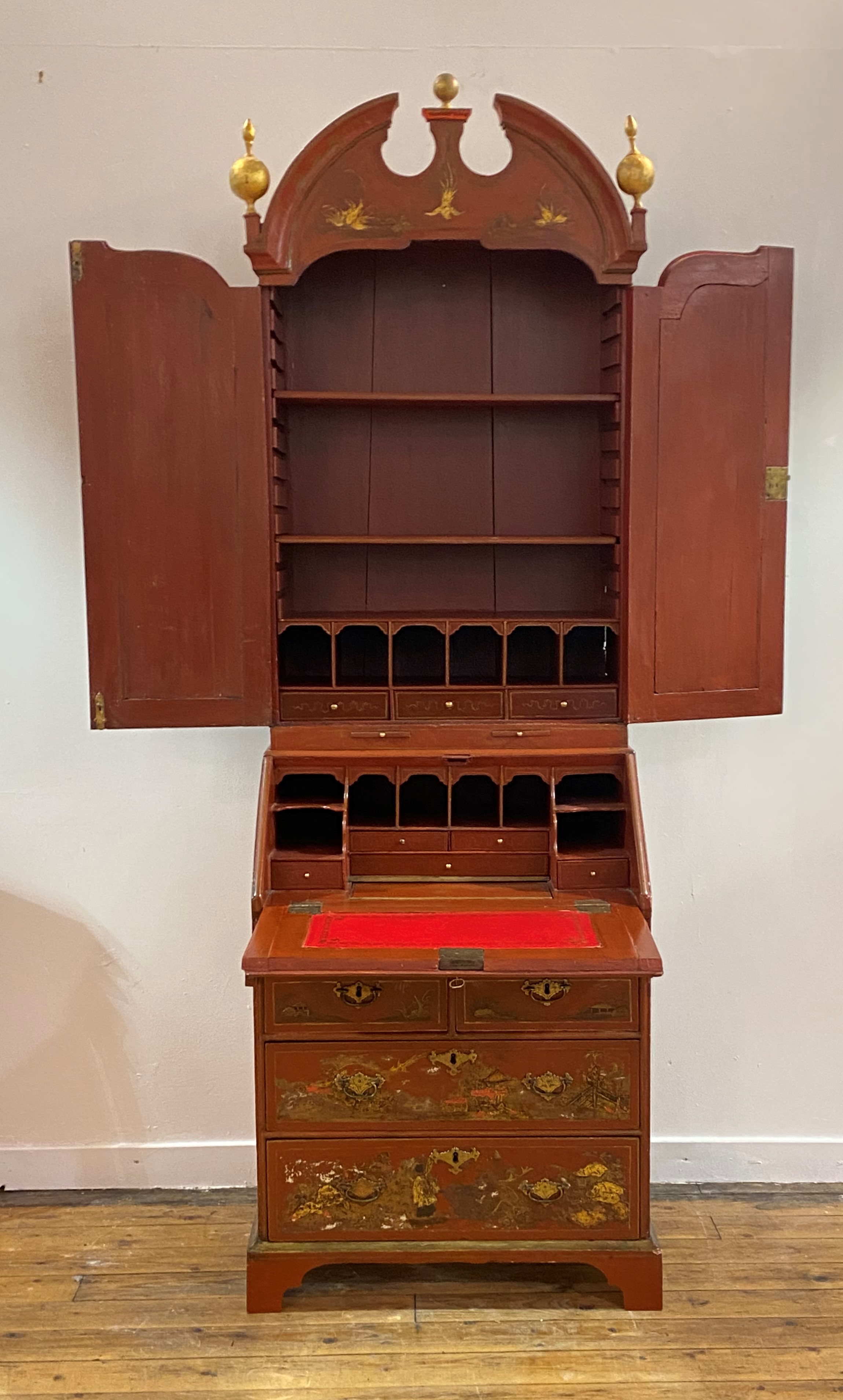 A George II style red lacquer and gilt Chinoiserie bureau bookcase, circa 1920-30, the broken arch - Image 3 of 7