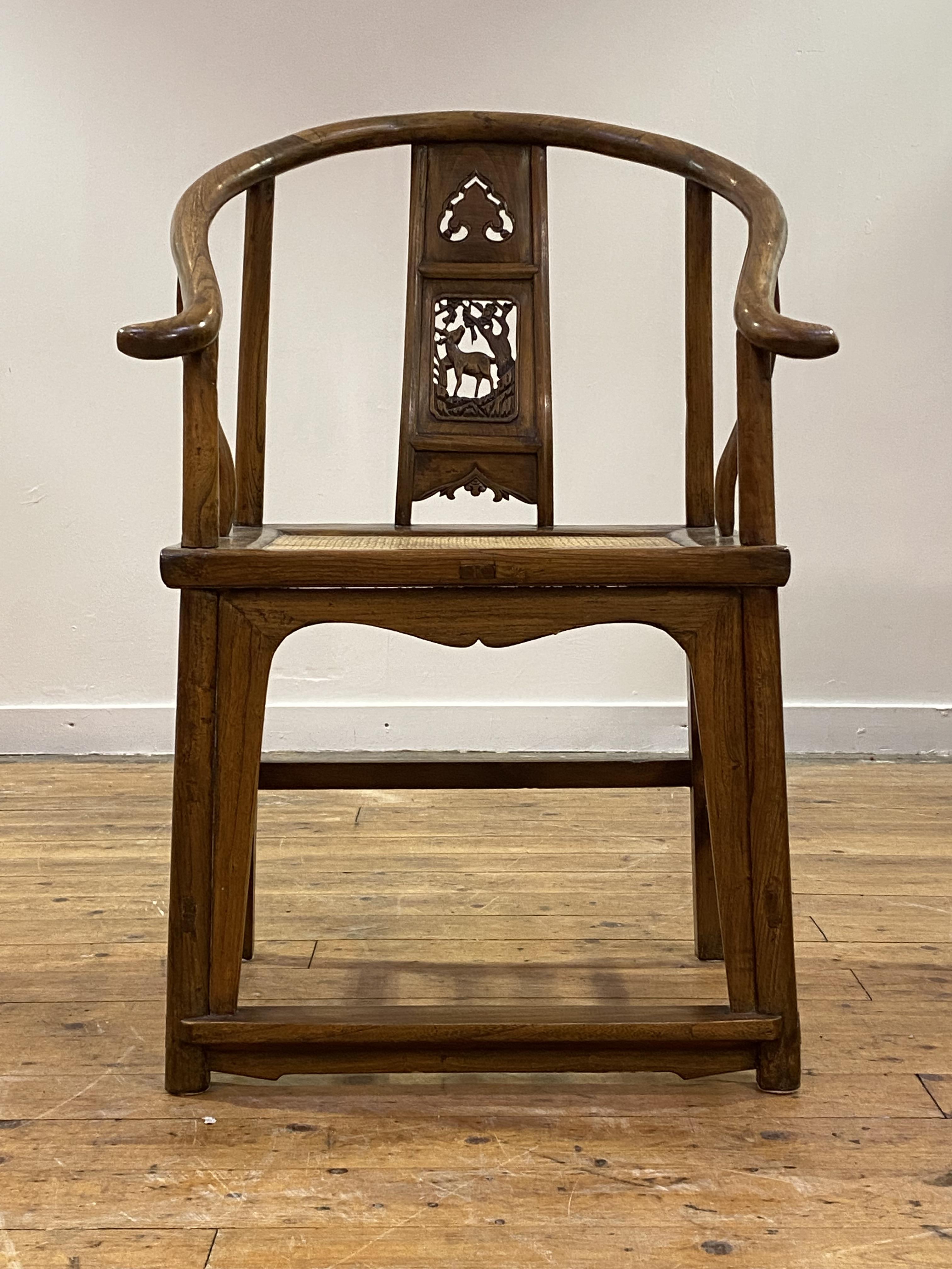 A Chinese elm horseshoe back chair, late 19th/ early 20th century, the sweeping crest rail with - Image 6 of 6