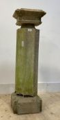 A Carved stone pedestal column of square geometric form, together with a fluted stone column H103cm