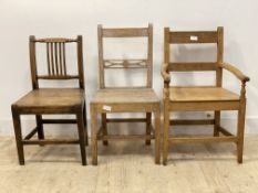 A matched set of three George III country oak chairs, H92cm