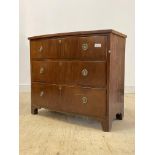 A 19th century bow front chest, fitted with three graduated drawers, raised on bracket supports