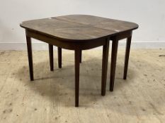 A Georgian mahogany D end dining table, raised on square tapered supports (No leaves) h74cm w114cm