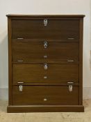 An early 20th century mahogany chest, moulded top over four fall front cupboards, skirted base (