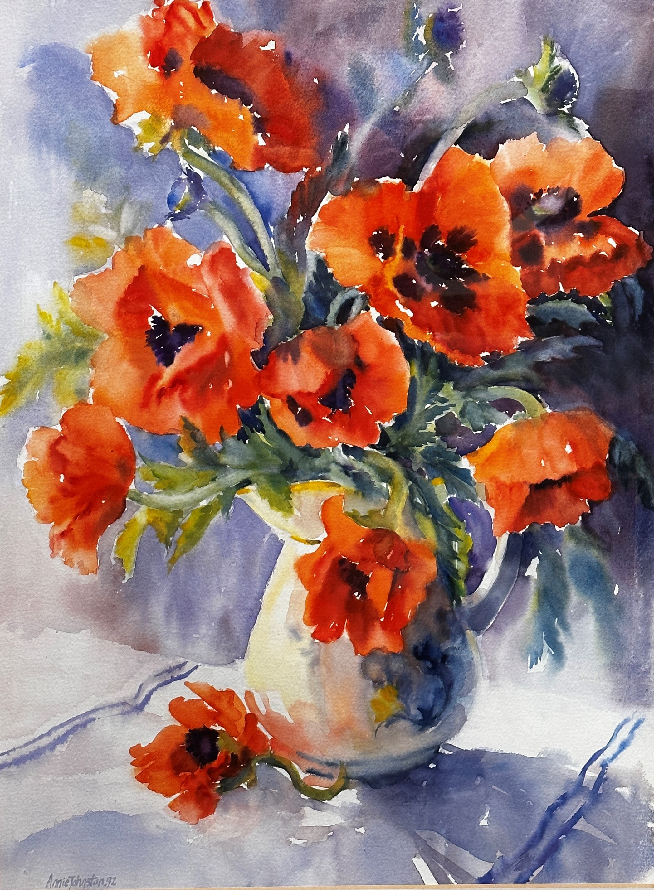 Annie Johnston, Still Life with Poppies, watercolour, signed bottom left and dated '92, gilt