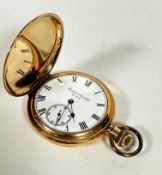 A gilt metal full Hunter pocket watch with circular enamelled dial with subsidiaries dial and roman