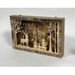 A pine box three dimensional scene with Stag, Owls and Winter Woodland with Pine Trees and Stars,