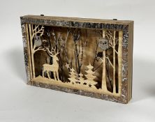 A pine box three dimensional scene with Stag, Owls and Winter Woodland with Pine Trees and Stars,