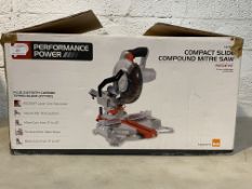 Power tools, A Power Performance compact slide compound mitre saw, in box