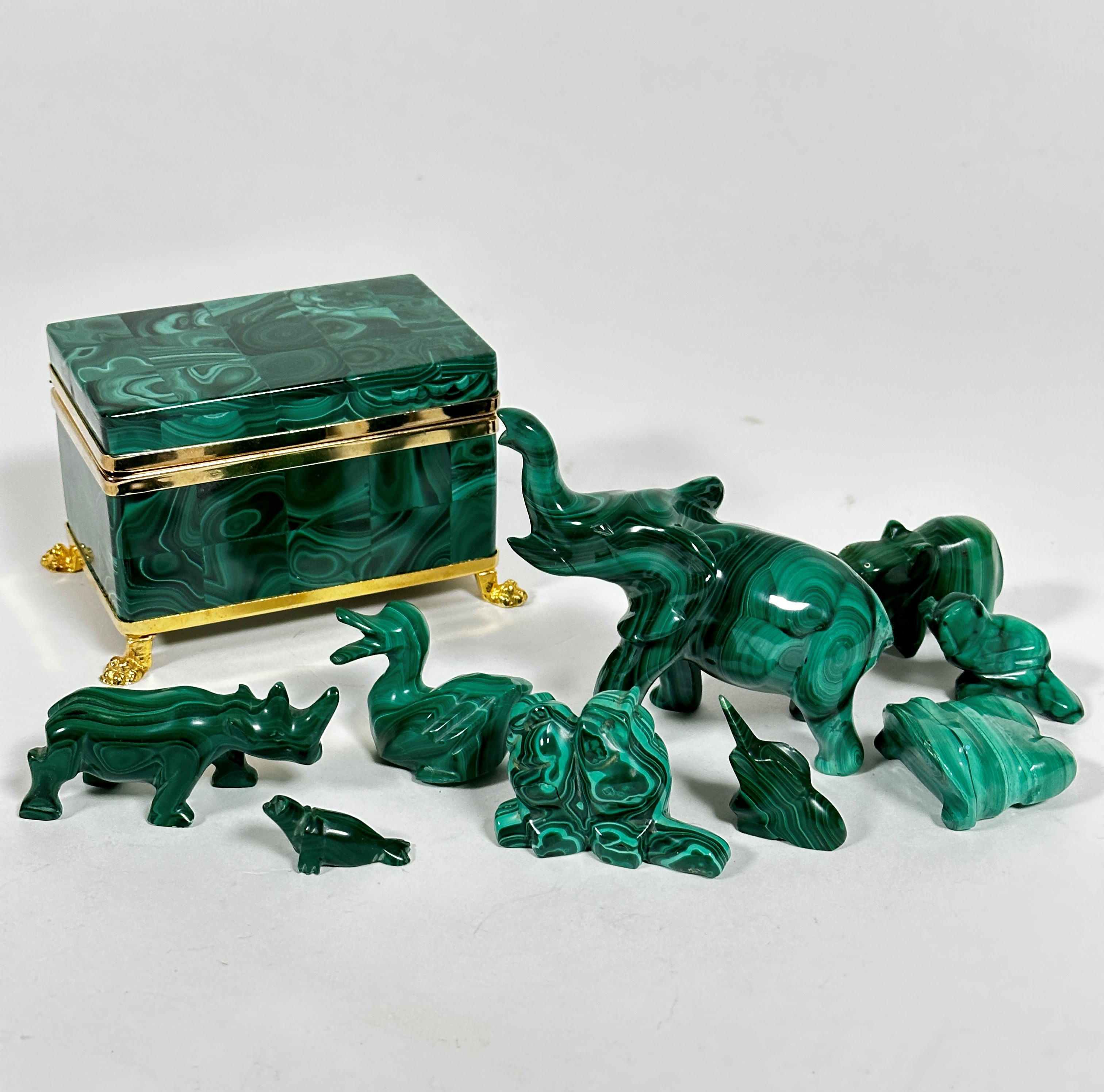 A malachite rectangular hinged yellow metal mounted box in the Russian taste, with panel top, raised
