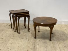 An early 20th century walnut circular low table on cabriole supports (D60cm) together with a similar