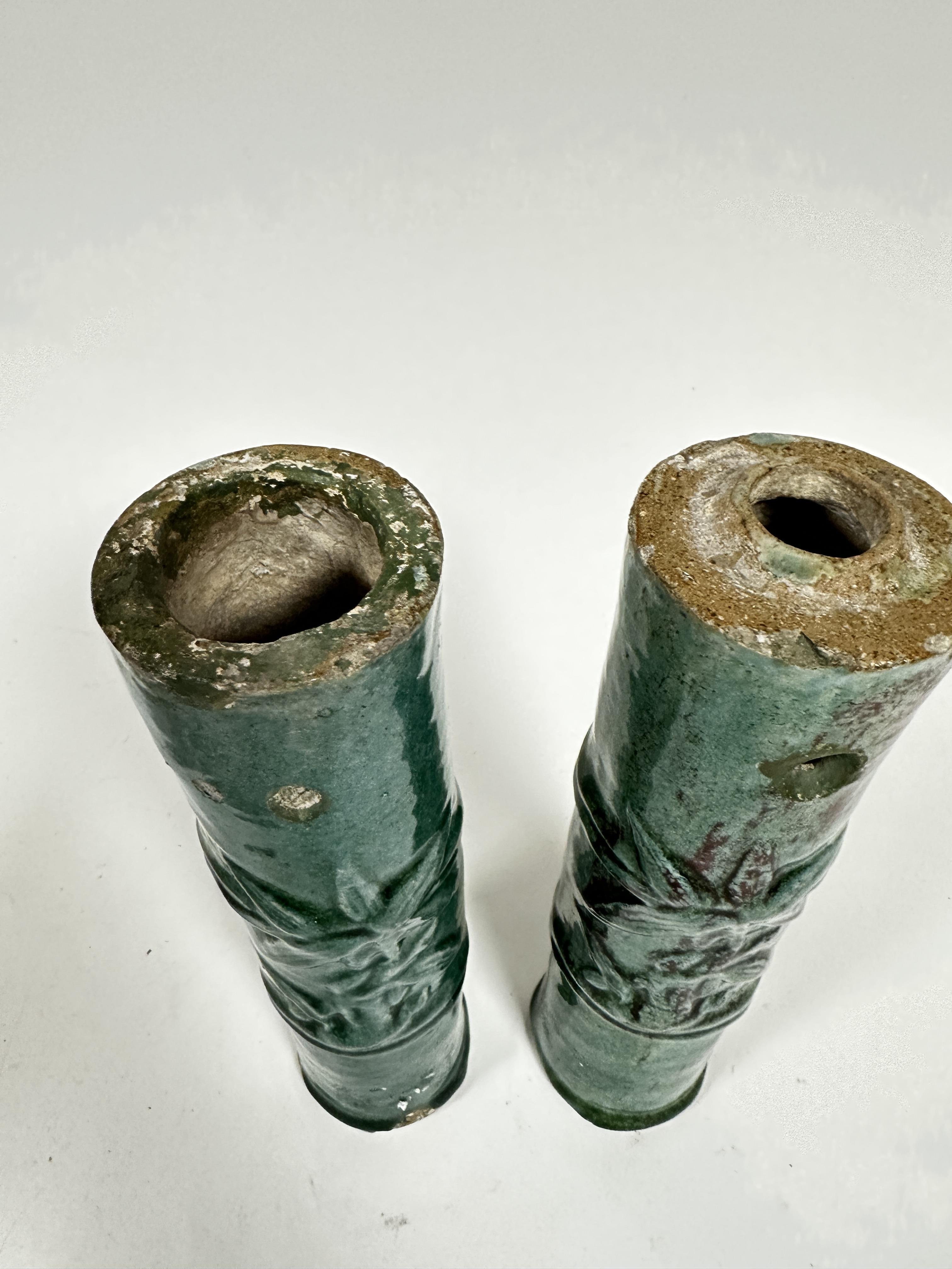 A pair of 18thc/19thc Chinese faux bamboo pottery cylinders decorated with bamboo leaves, each - Image 2 of 6